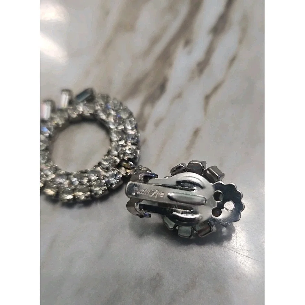Judy Lee Crystal Clip On Earrings Baguette Rhinestone Silver Tone Dangle Signed